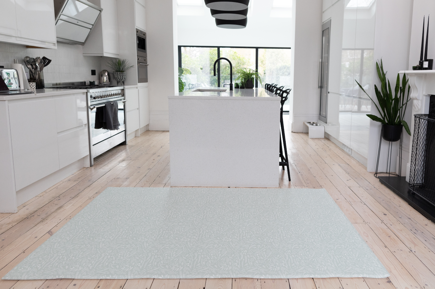 stylish rambler motif play mat in modern family kitchen 