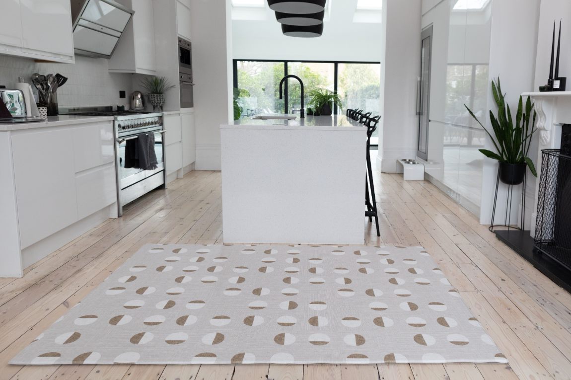 stylish memory foam play mat in kitchen with modern polka pattern