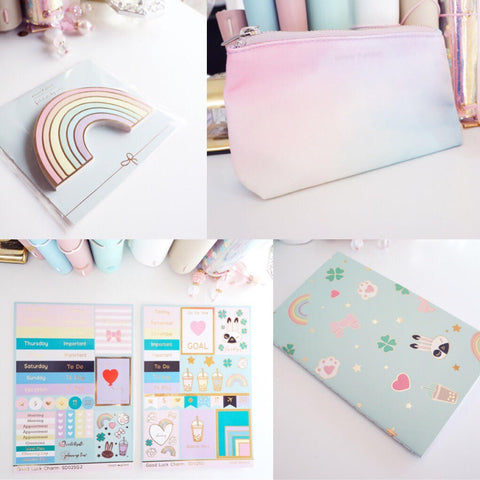 Rainbow sticky notes, pouch, sticker set, pocket sized notebook