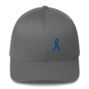 Colon Cancer Awareness Twill Flexfit Fitted Hat with Dark Blue Ribbon ...