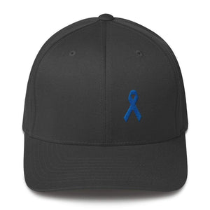 Colon Cancer Awareness Twill Flexfit Fitted Hat with Dark Blue Ribbon ...