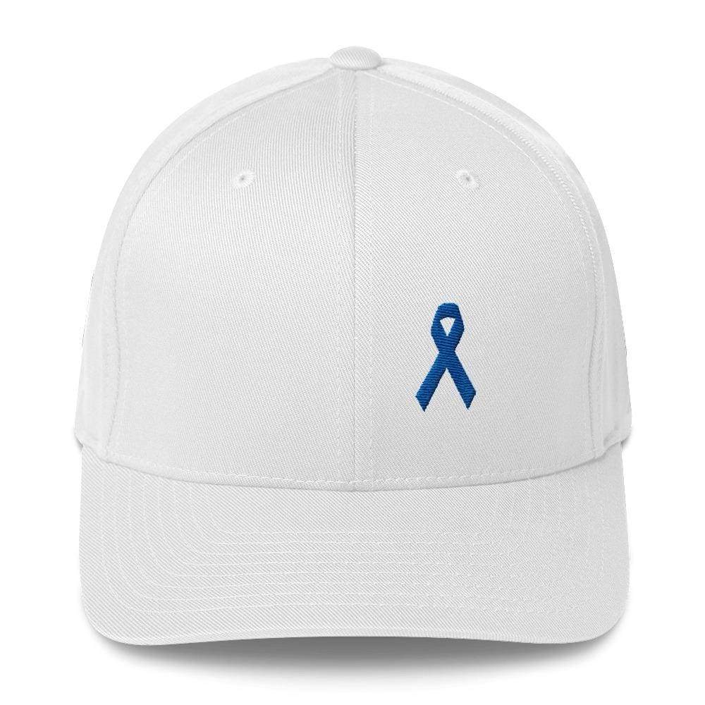 Colon Cancer Awareness Twill Flexfit Fitted Hat with Dark Blue Ribbon ...