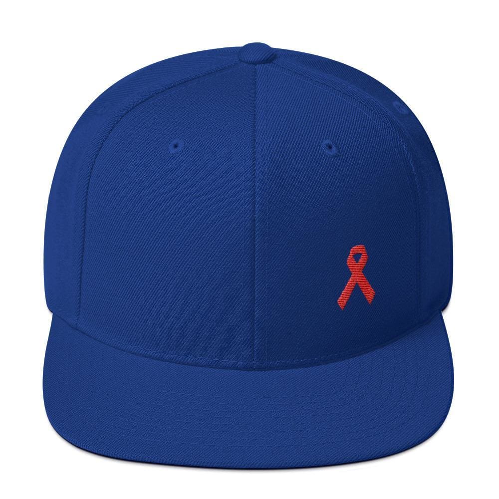 
            
                Load image into Gallery viewer, HIV/AIDS or Blood Cancer Awareness Red Ribbon Flat Brim Snapback Hat - One-size / Royal Blue - Hats
            
        