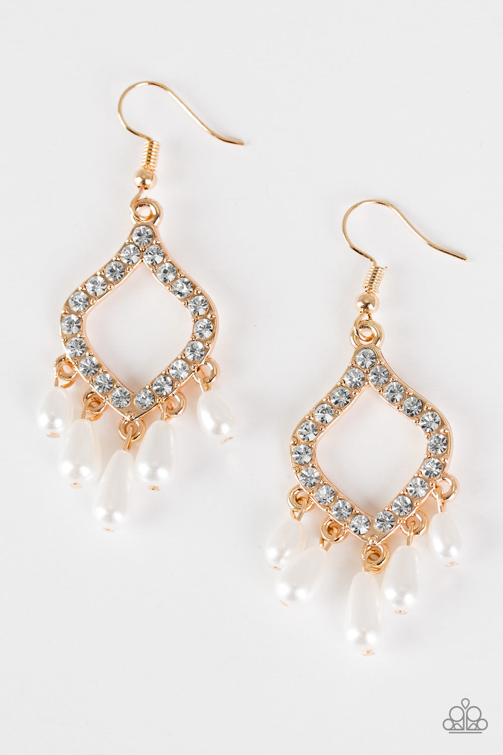 Paparazzi Divinely Diamond Gold Fringe White Pearl Rhinestone Earrin