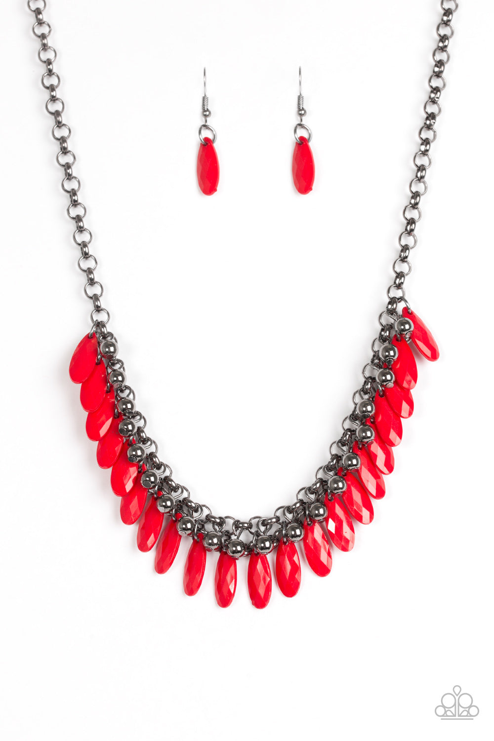 Paparazzi Jersey Shore Red Teardrop And Black Bead Gunmetal Necklace 