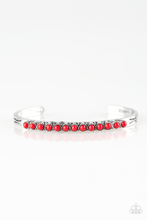 Paparazzi "New Age Traveler" Red Bead Encrusted Silver Cuff Bracelet