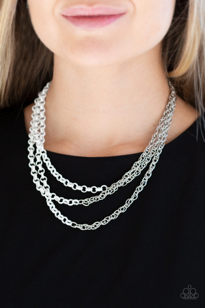 Paparazzi Turn Up The Volume White And Silver Layered Chain Necklace