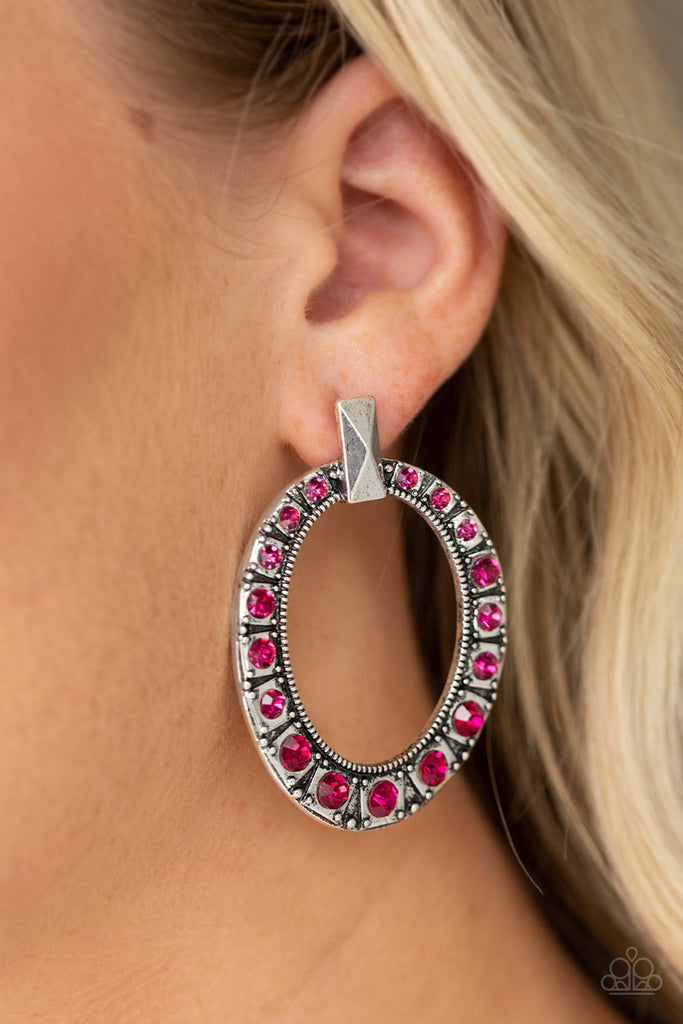 Paparazzi All For Glow Pink Gem Silver Hoop Post Earrings 0064