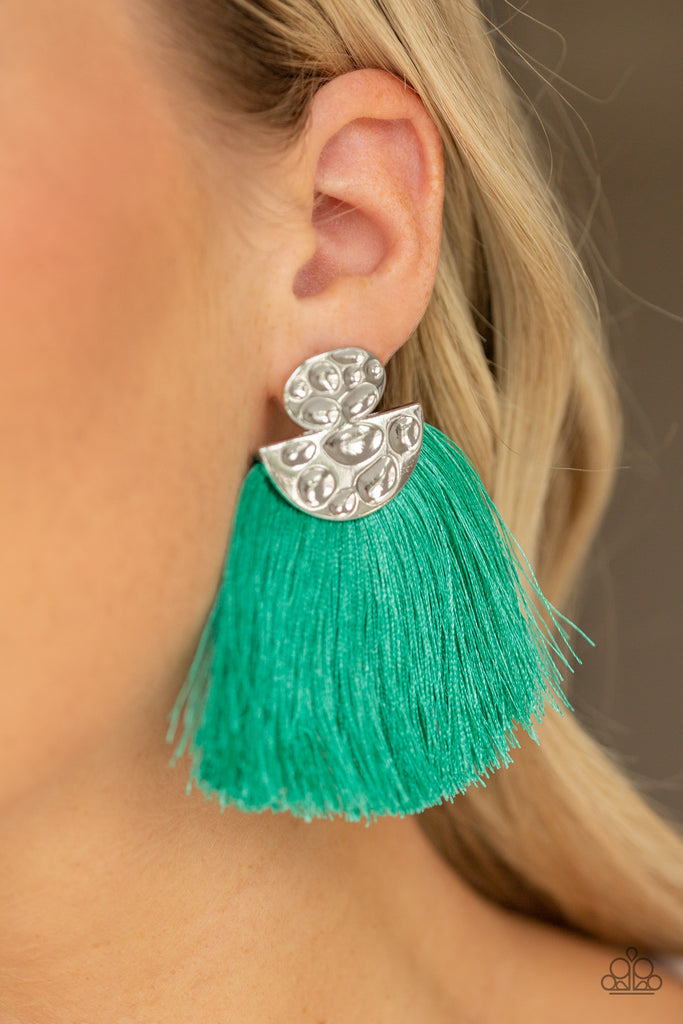 Paparazzi "Make Some PLUME" Green Thread Flare Silver Post Earrings