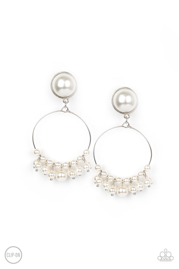 Paparazzi Seize Your Moment White Pearl Silver Hoop Clip On Earrings