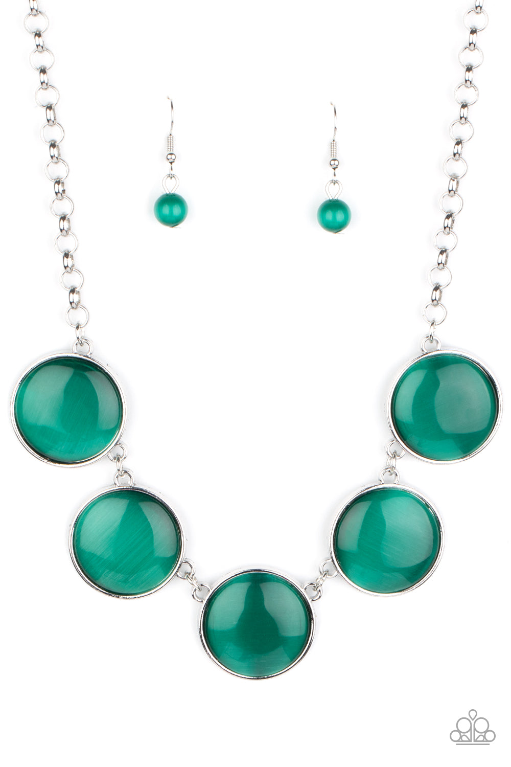 Paparazzi Ethereal Escape Green Round Cats Eye Stone Silver Necklace