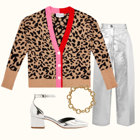 image showing cut outs for how to style pink and red trim cashmere neutral leopard cardigan with silver shoes chunky necklace and silver jeans