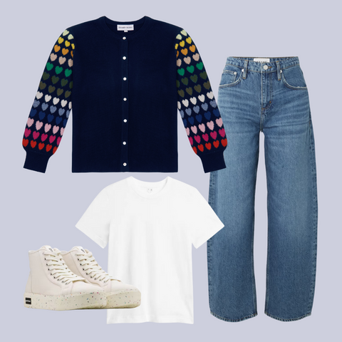 styling ideas for women's cashmere cardigan cashmere navy heart sleeve cardigan with white t-shirt blue jeans white trainers