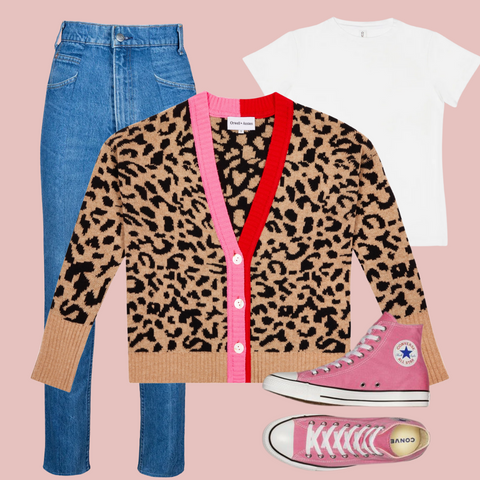 how to style womens cashmere and fine wool leopard print cardigan with pink and red trim with basic pieces like blue jeans pink converse trainers and simple white t-shirt