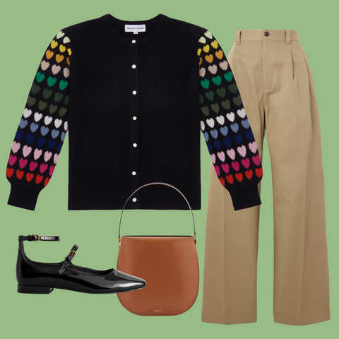 cashmere and fine wool blend rainbow heart sleeve sweater styled with wide leg trousers ballet flats and a leather handbag