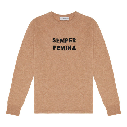 camel semper femina slogan sweater made from cashmere and fine wool