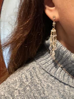 Aileen wearing her moonstone tassel earrings