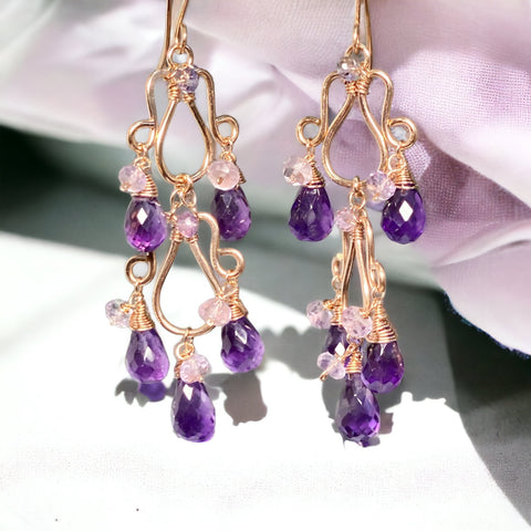 Amethyst Gemstone Chandelier Earrings Rose Gold Fill