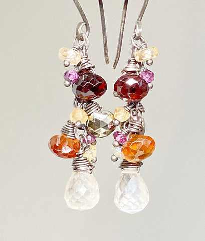 multicolor garnet dangle earrings in oxidized sterling silver wire wraps