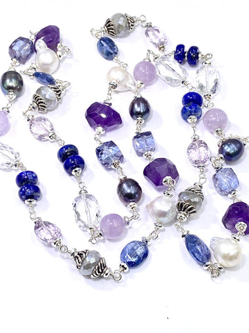 Long Sterling silver wire wrapped necklace with amethyst, kyanite, pearls and more