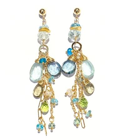 moss aquamarine peridot long boho earring gold fill