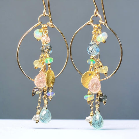 Aquamarine Gemstone Dangle Earrings Gold Fill Chandelier Earrings with Opals