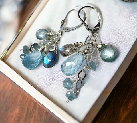 Moss Aquamarine, Blue topaz labradorite dangle earrings sterling silver