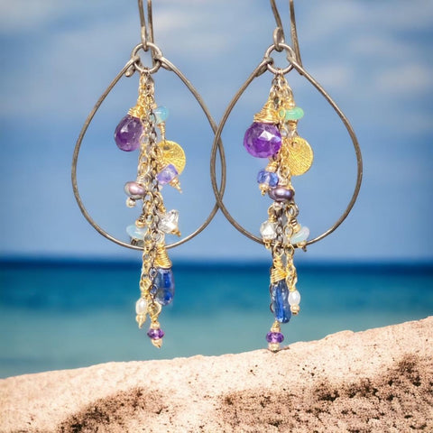 Amethyst, Blue Kyanite Mixed Metal Hoop Earrings, Black Gold