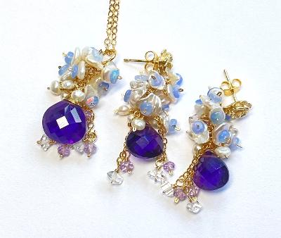 amethyst with lavender opals and keishi pearls cluster earrings set