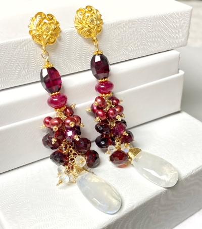 rainbow moonstone, garnet long boho dangle earrings, custom order