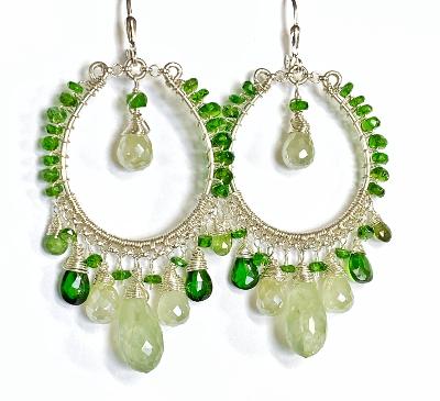 Green Gemstone Statement Hoop Earrings Handmade with Peridot, Prehnite and more
