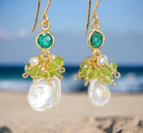 Emerald and Peridot Gemstone Cluster Keishi Pearl Earrings