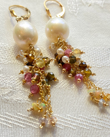 Pearl and Tourmaline Tassel Dangle Earrings