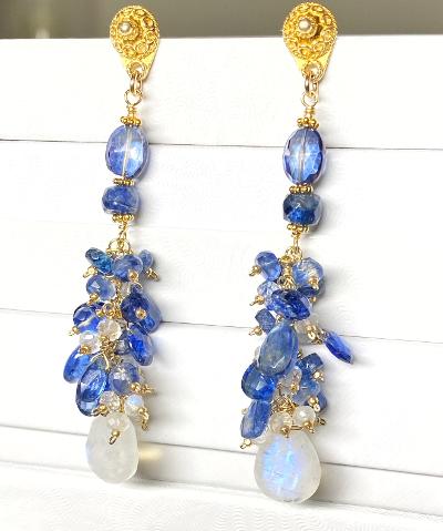 rainbow moonstone, blue kyanite long dangle earrings custom order