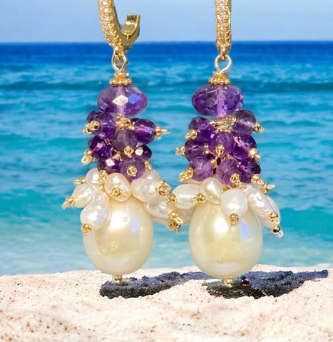 Amethyst and Pearl Cluster Earrings