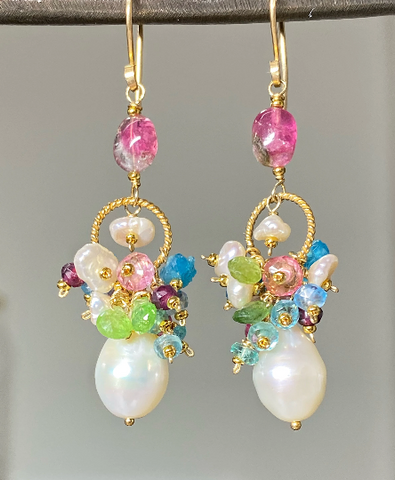 Pearl and watermelon tourmaline cluster earrings