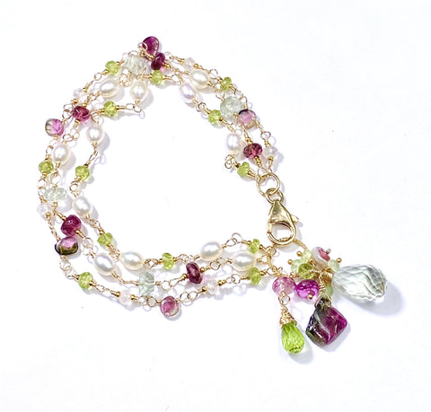 peridot, watermelon tourmaline slice and pearl dainty triple strand bracelet