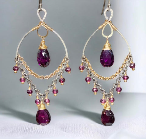 Rhodolite Garnet Mixed Metal Chain Chandelier Earrings Oxidized Sterling Silver and Gold Fill