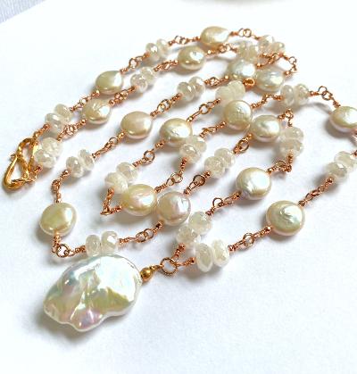 Rose Gold Ivory Baroque Pearl Mystic Moonstone Long Sautoir Rosary Necklace