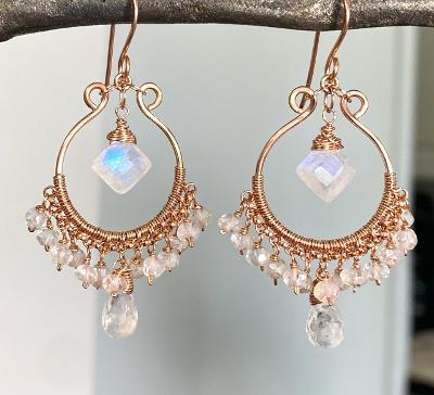 Rainbow moonstone rose gold hoop earrings