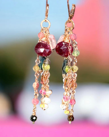 Rubellite Pink Tourmaline Gemstone Rose Gold Long Dangle Earrings