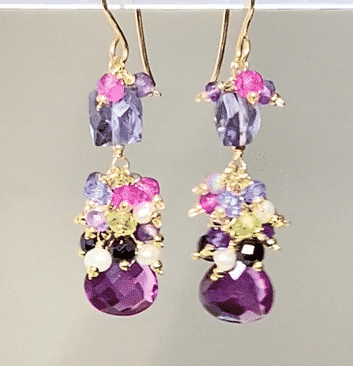 Blue Purple Violet Gem Dangle Earrings, Iolite, Amethyst Gold Fill