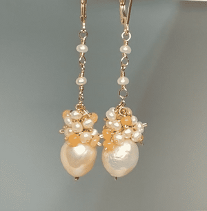 Blush Pearl Opal Cluster Long Earrings, Rose Gold, Sterling Silver, 14 kt Gold Fill - Doolittle