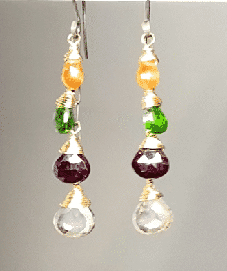 Vertical dangling gemstones in gold fill with mandarin garnet, red garnet, chrome diopside earrings