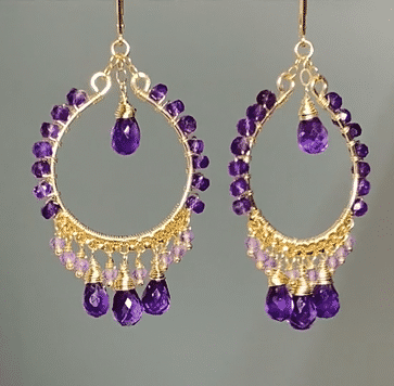 Handmade Amethyst Gemstone Chandelier Hoop Earrings in Gold Fill