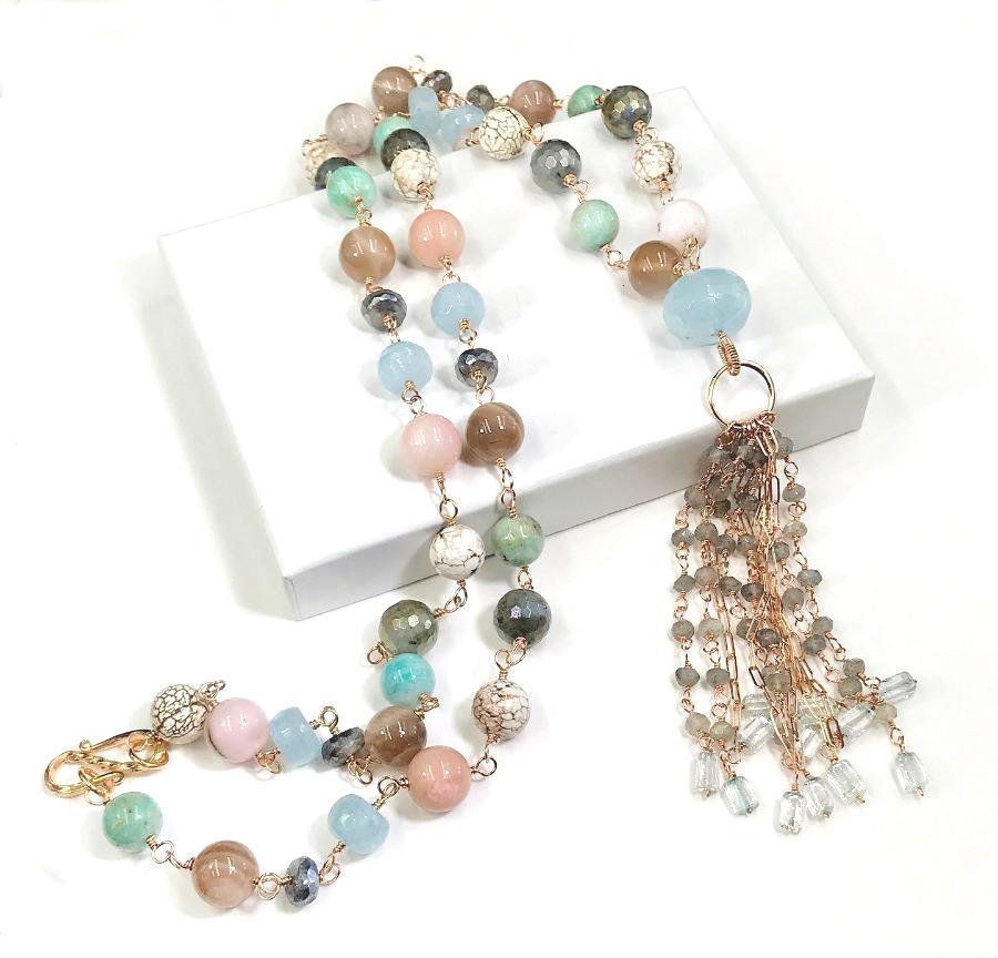 Multi-stone Long Tassel Rose Gold Necklace– doolittlejewelry