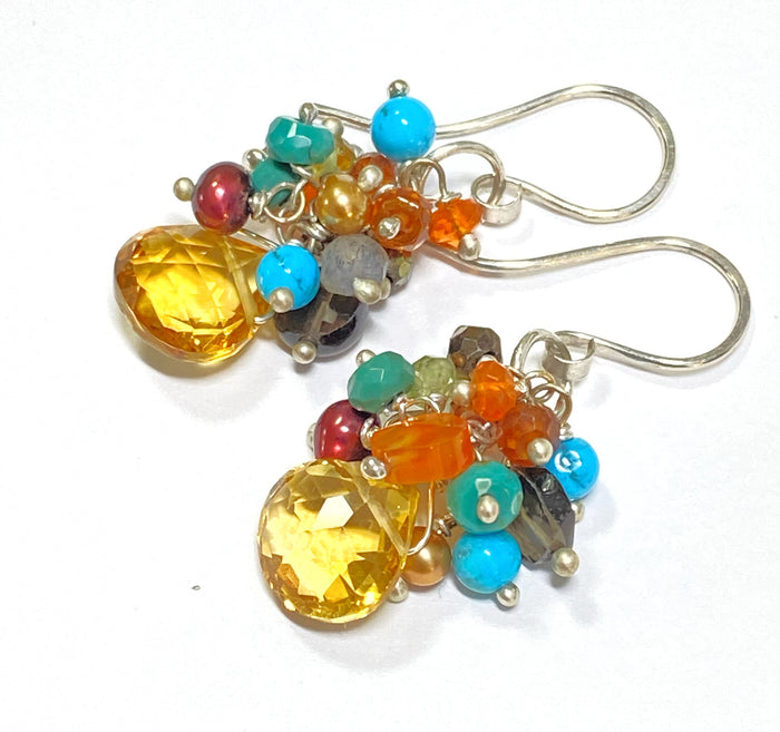 Citrine Earrings with Multi-color Gemstone Clusters Sterling Silver
