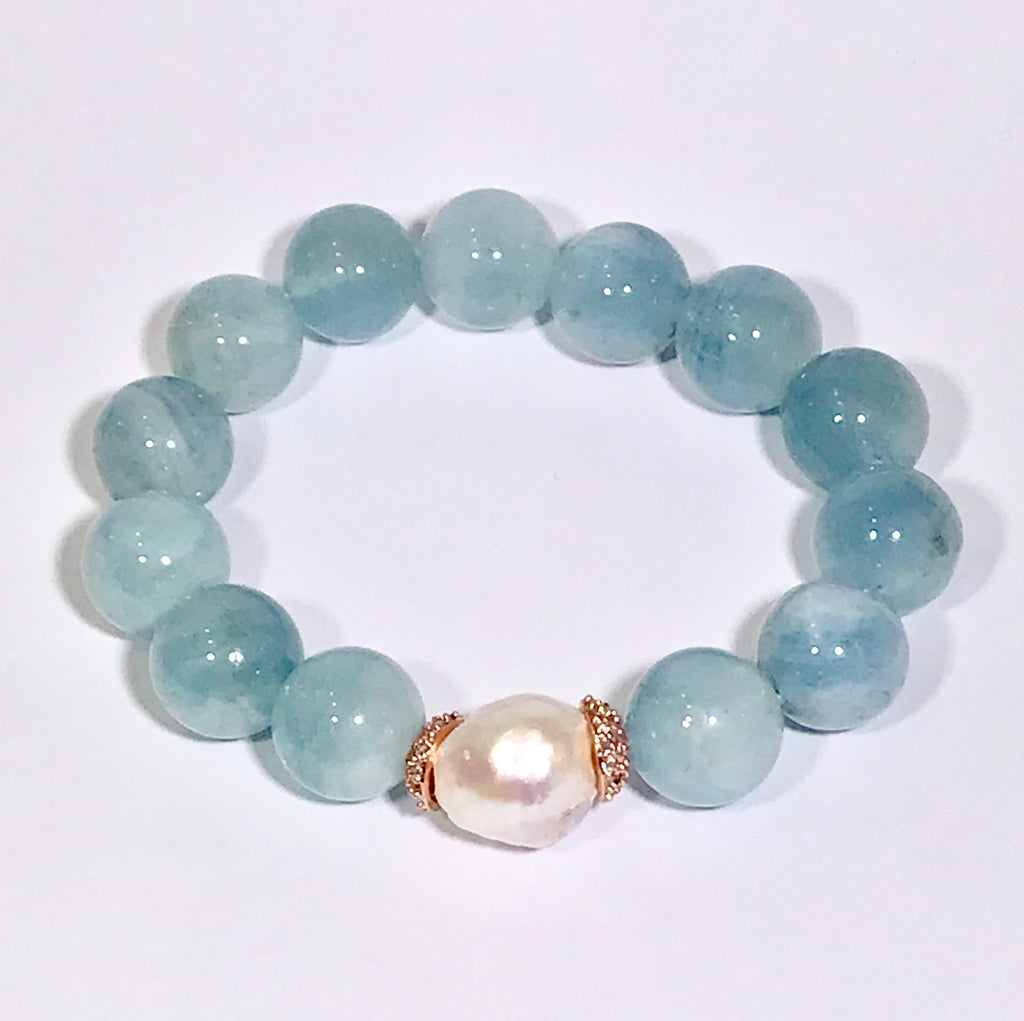 Blue Aquamarine and Pearl Stretch Bracelet with Rose Gold Pave CZ - doolittlejewelry