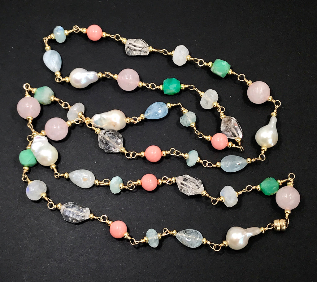 Multi Gemstone Pastel Long Necklace with Herkimer Diamond Aquamarine G ...