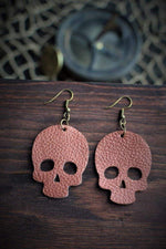 Skull Leather Earrings - Copper